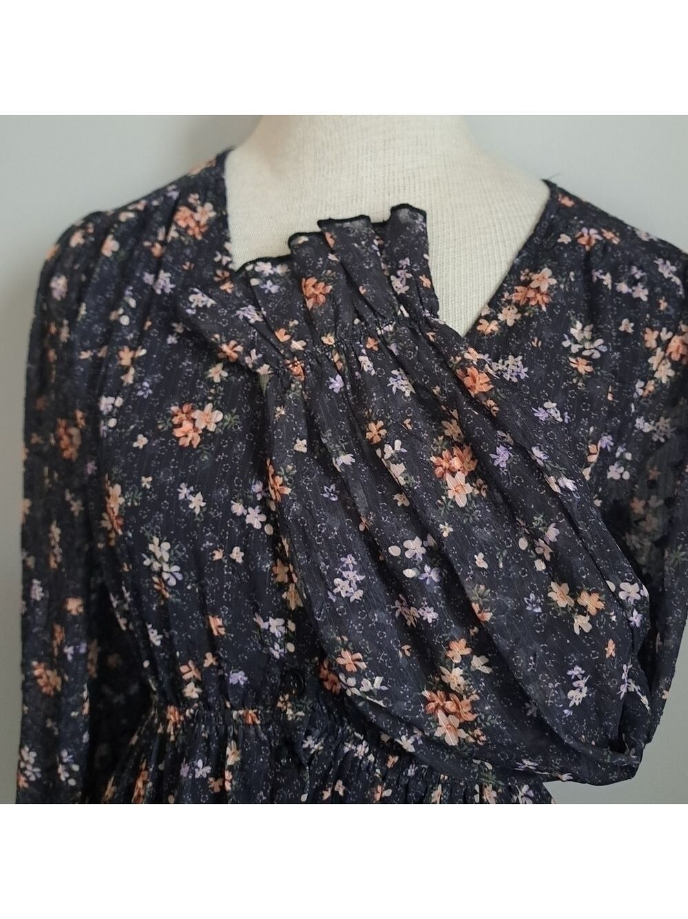 Tiny floral tiered MAXI  dress long sleeves ruffle cuff button up Shabby Aakaa S - Picture 12 of 12
